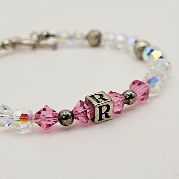 Initial "R"  Pink and Clear AB Glass Beads with Silvertone 7.5" Bracelet - Picture 1 of 4